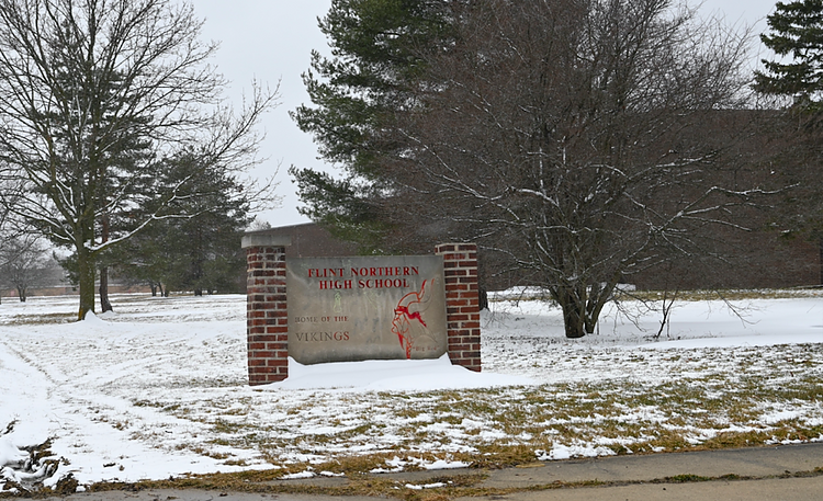 Northern High School's welcome sign in Flint, Michigan on March 13, 2023. The school closed its doors in 2014. (Tia Scott | Flintside)