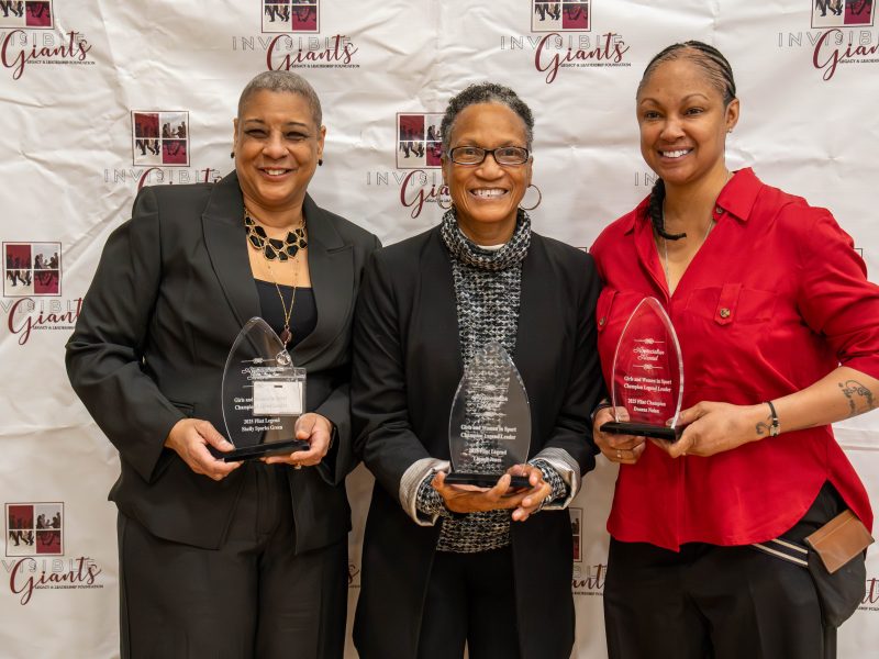 (From left to right) Shelly Sparks-Green, Linnell Jones, and Deanna Nolan with their awards during the Invisible Giants Foundation's National Girls and Women’s in Sports Day event.