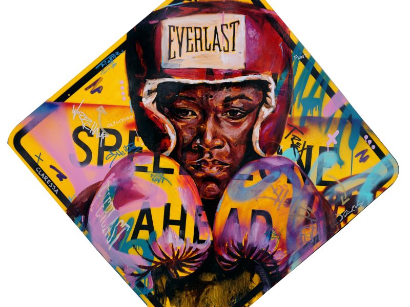 Desiree Kelly. American, born 1990. Shields, 2018. Oil and spray paint on traffic sign 35 × 35 in. Museum purchase with funds from the Collection Endowment 2019.13.