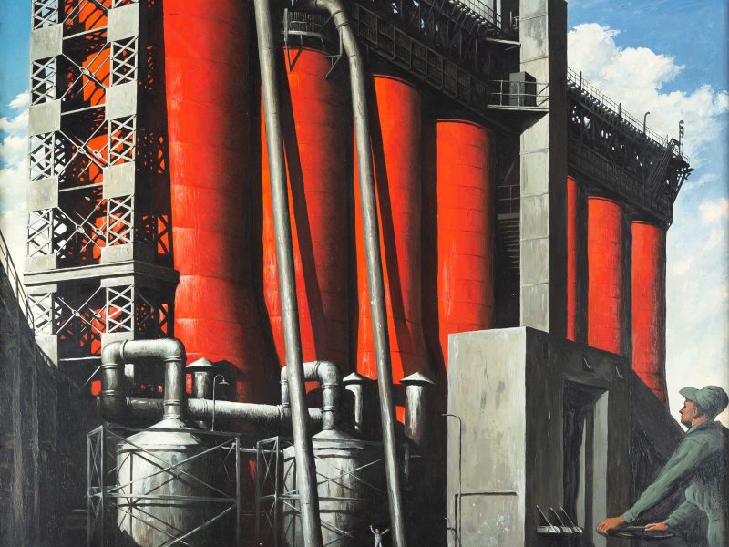 Robert Riggs. American, 1896-1970. Chemical Plant, Wyandotte, Michigan, 1950. Tempera. Collection of the Muskegon Museum of Art.