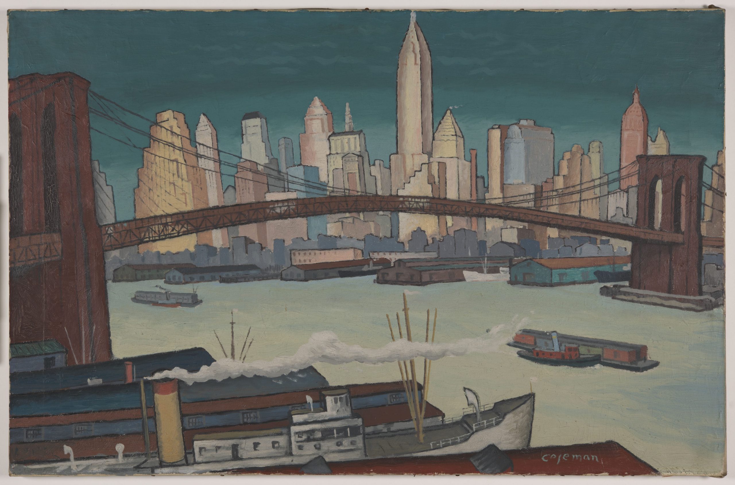 Glenn O. Coleman, American, 1887 - 1932. Brooklyn Bridge, ca. 1930. Oil on canvas Framed: 29 3/4 x 41 1/2 in.