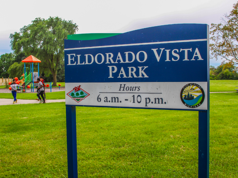 Three teenagers are hanging out at Eldorado Vista Park, which sits in the heart of the Ballenger Hwy Neighborhood, on August 13, 2023.