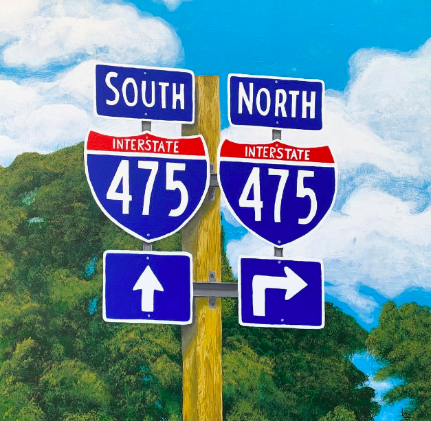 Interstate 475 Sign. 24 x 24, acrylic on canvas, by Lisa Zacks.