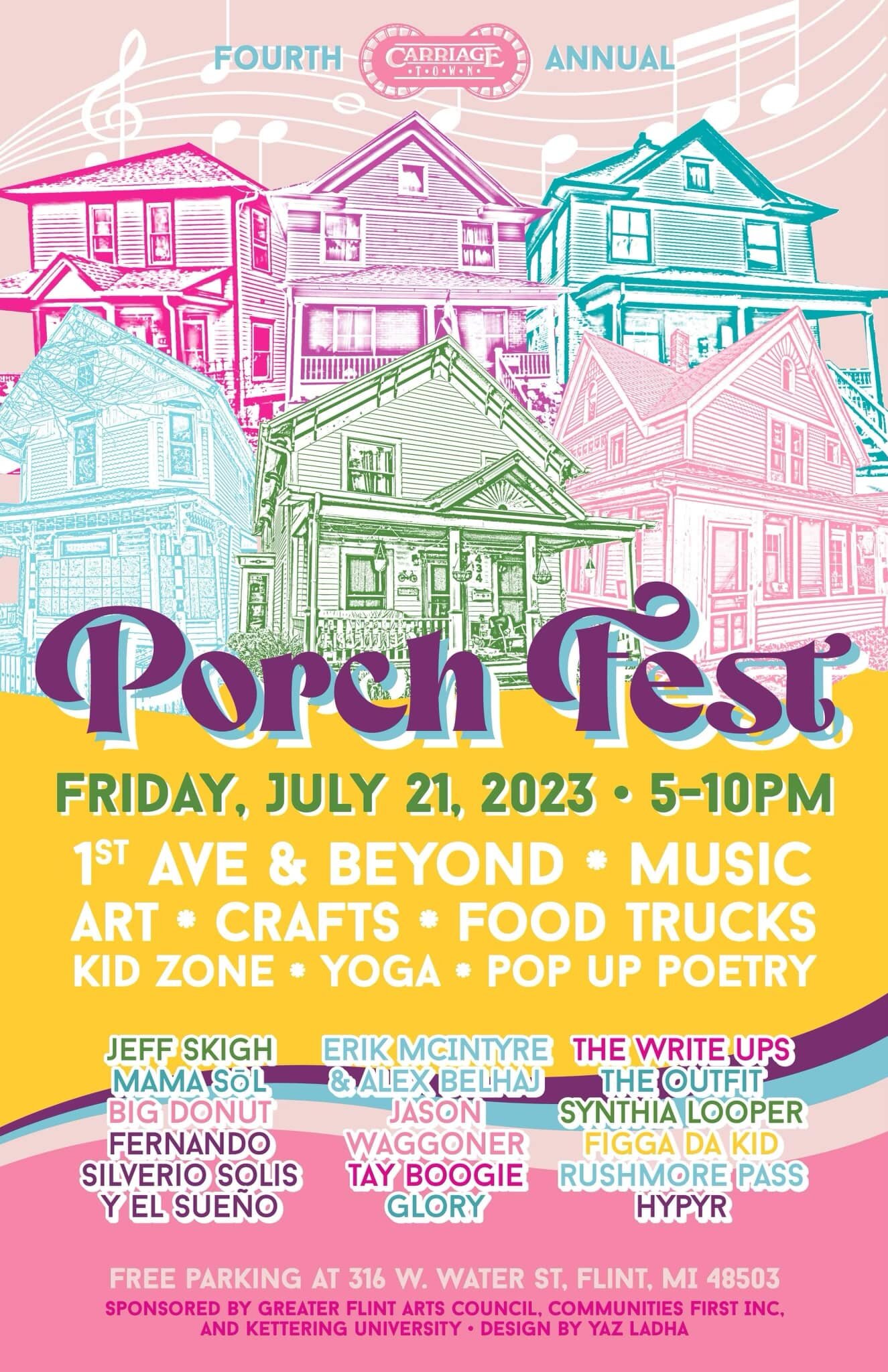 Promotional flier for Porch Fest in Carriage Town 2023.
