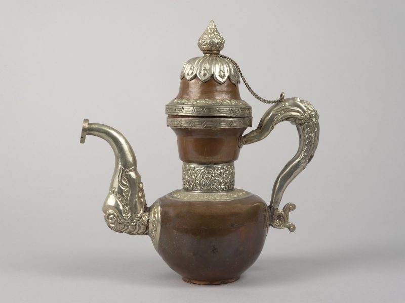 Tibetan Teapot. 19th century. Brass with silver overlay, 8 5/16 × 8 7/8 in. (21.1 × 22.5 cm). Gift of F. Karel Wiest. 1982.240.
