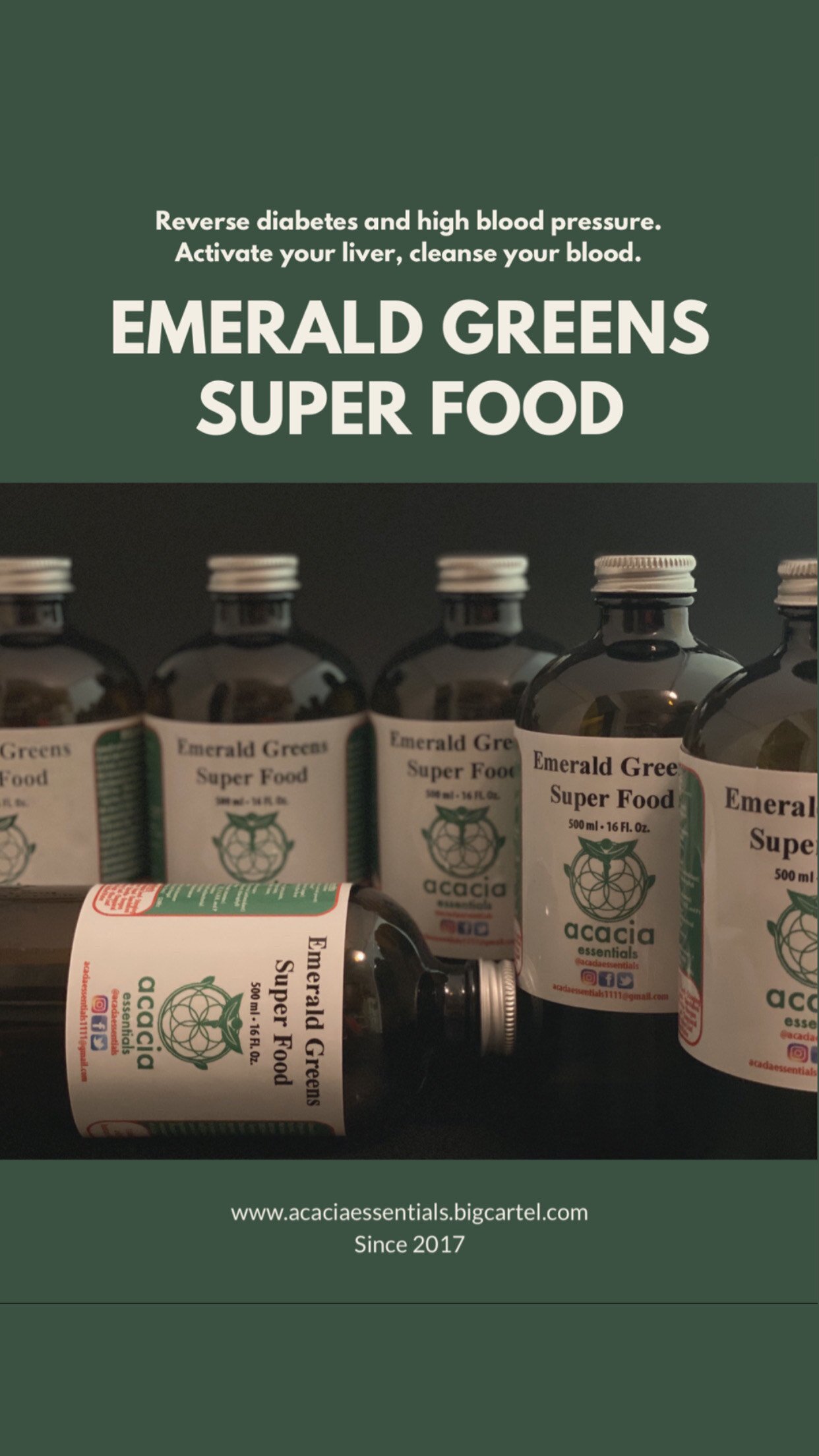 Emerald Greens Super Food, sold exclusively at Acacia Essentials.