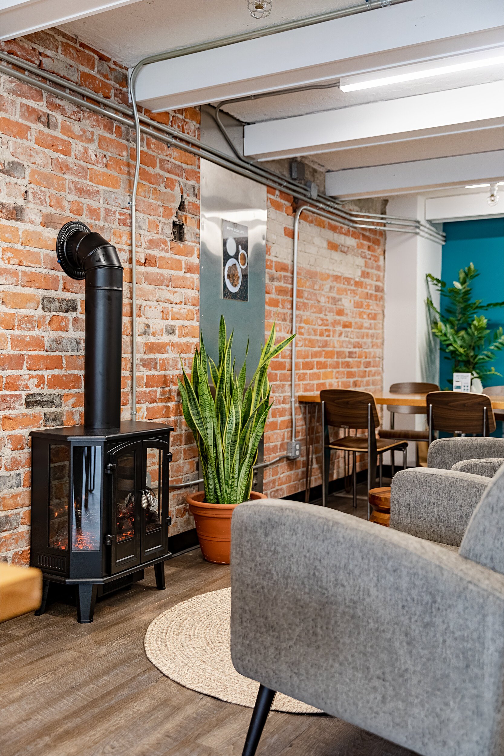 A lounging area inside Foster Coffee's cafe.