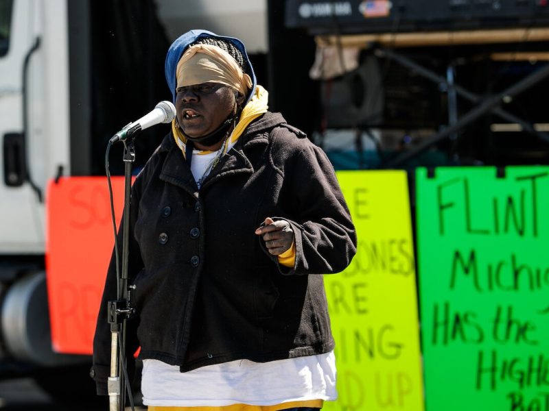 Resident Priscilla Wheeler speaks during an event commemorating the anniversary of the Flint water crisis on April 25.