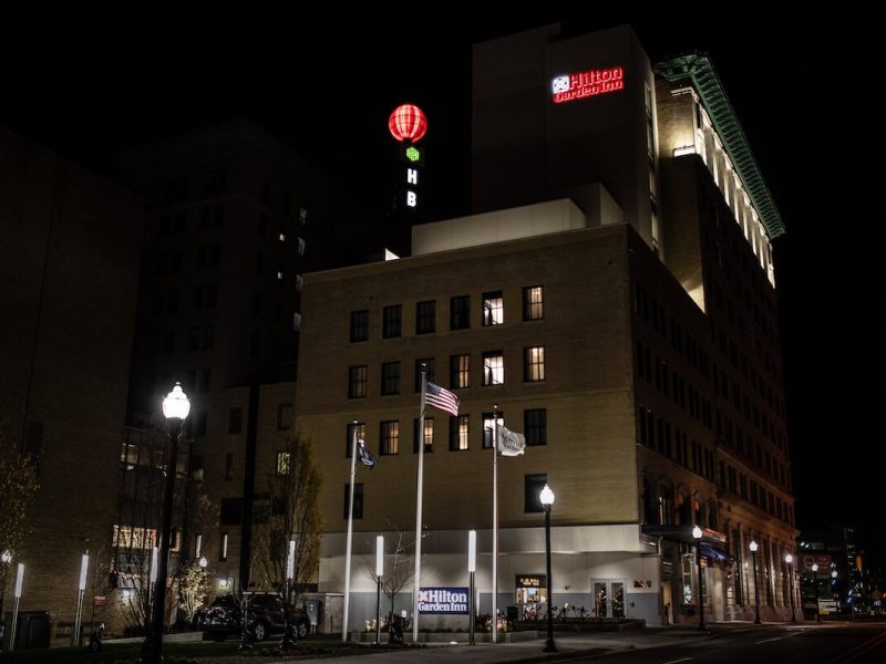 A look at Flint's Hilton Garden Inn with the lights on. The new hotel downtown Flint opened in October 2020.