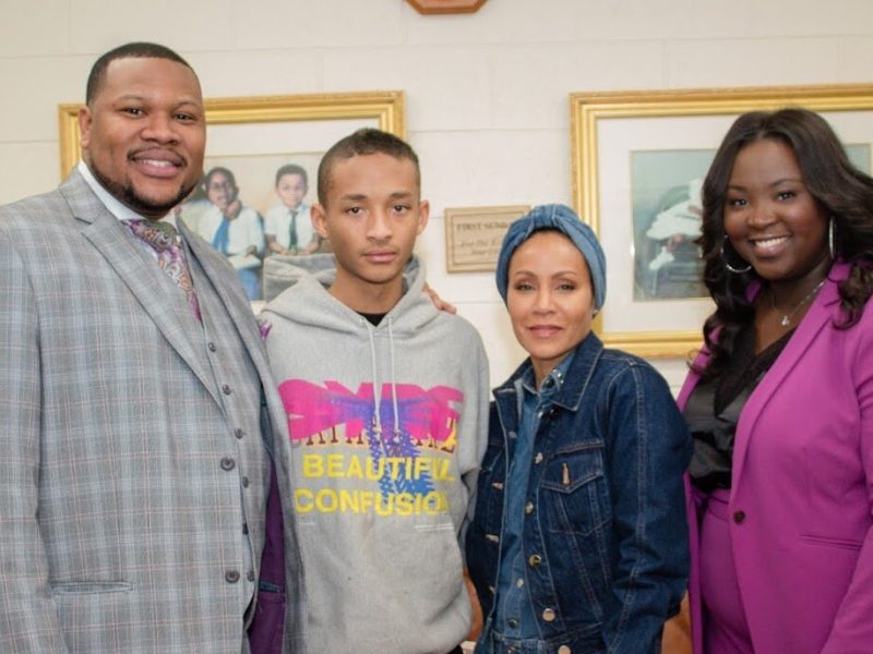 Pastor Ezra Tillman Jr. and Catrina Tillman with Jayden Smith and Jada Pinkett-Smith.