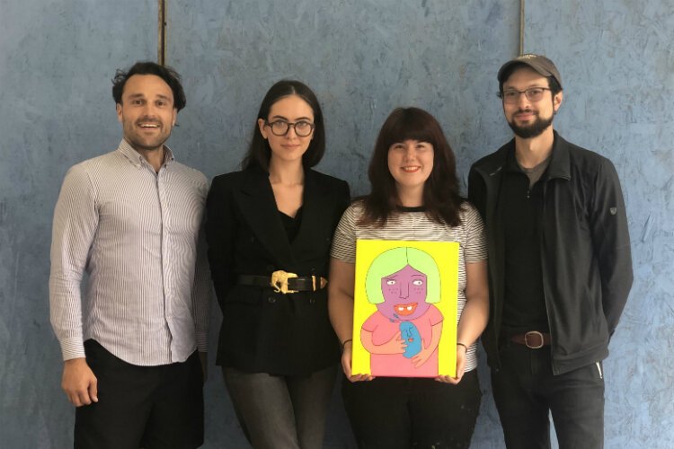 Amanda Edwards (holding painting) is flanked by those who helped her put on her show "Friends" — Justin Ryan Polisky, Ali Rose Van Overbeke, and Jon Hardman.