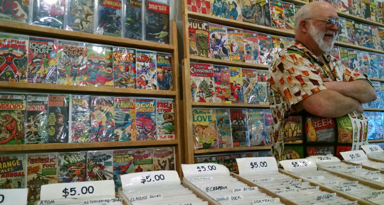 A vendor with his impressive display at the 8th annual Flint Comix Con.