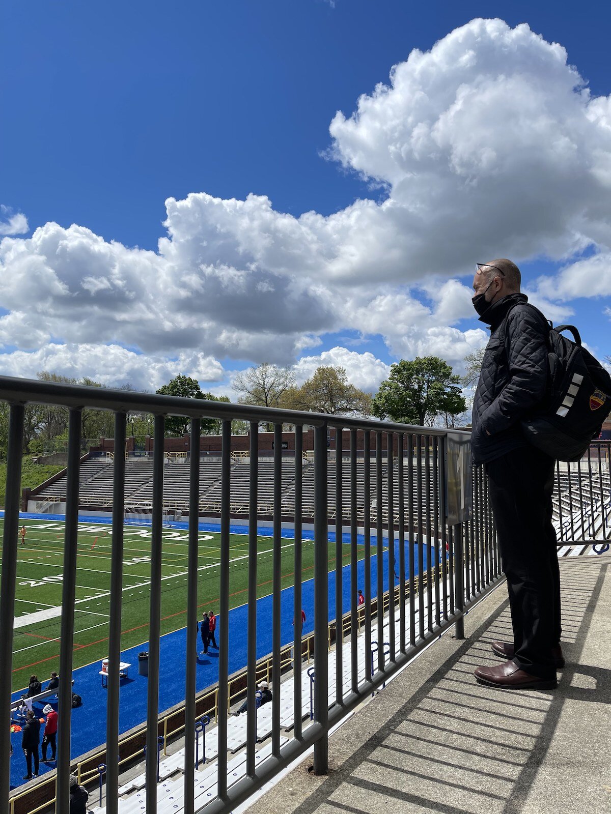Costa Papista, Flint City Bucks team president, watches a scrimmage at Atwood Stadium on May 11.